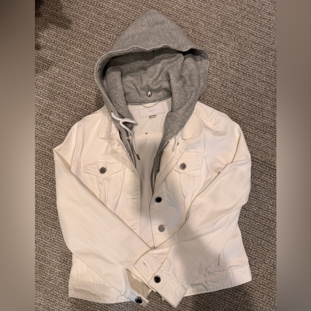Blank NYC White Denim Jacket with Gray Hood Lining